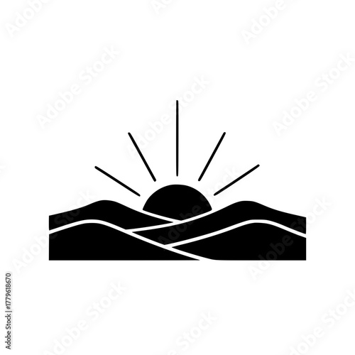 An artistic minimalist silhouette captures the essence of a tranquil sunrise over rolling hills, invoking a sense of serenity and the promise of a new day.