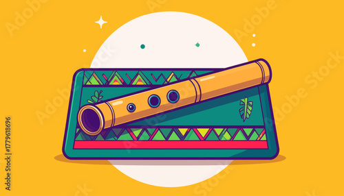 Cartoon Illustration of a Bamboo Didgeridoo on a Traditional Mat Cultural and Musical Instrument
