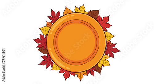 Vibrant autumn leaves frame a rustic orange plate, perfect for seasonal celebrations and harvest themes