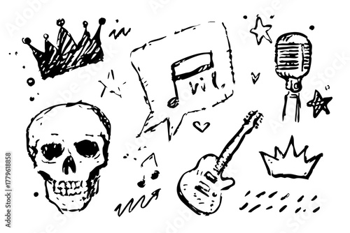 Punk Rock Doodle Icon Set - Hand Drawn Guitar, Microphone, Skull & Graffiti Elements Vector
