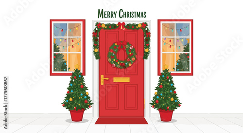 Warmly decorated festive Christmas door welcomes guests with sparkling lights, garland, wreath and potted trees