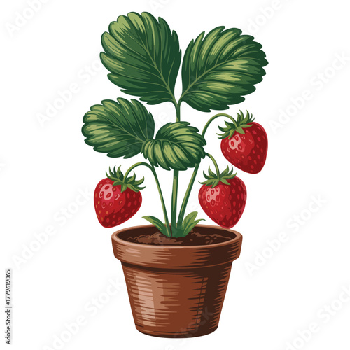 Illustration of strawberry plant in clay pot vector isolated design suitable for gardening, plant decoration, agriculture, botanical or home plant projects