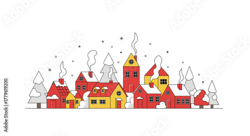 Cozy winter village scene with charming red and yellow houses, snow-covered trees, and smoke rising from chimneys