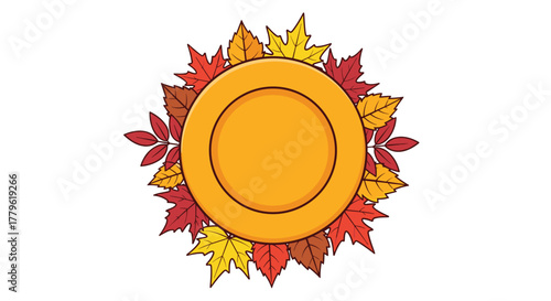 Vibrant autumn leaves surround a golden circular frame perfect for seasonal announcements or fall themed designs