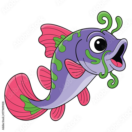 Kawaii doodle icon giant catfish vector illustration with purple mustache smiling face perfect for aquatic animal cartoon or cute creative artwork design