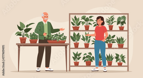 Elderly man and young woman happily discuss houseplants in a vibrant garden center setting
