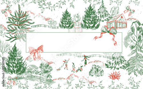 Green and Red  Toile Christmas  card with blooming elements. Illustration