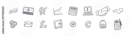 Finance icons hand drawn doodle style. Set of vector doodle element related to business plan, start up, growth, idea, vector illustration.