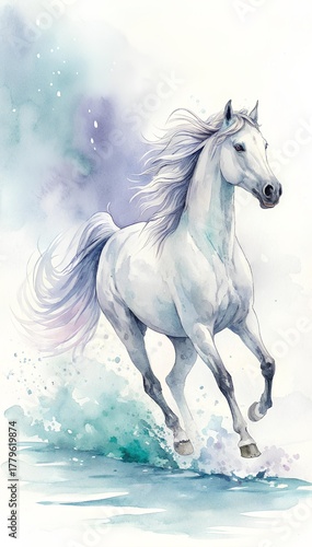 Elegant white horse galloping forward in watercolor, mane and tail flowing in silver-blue tones, surrounded by soft splashes of icy blue and lavender. Graceful, airy, full of motion and light
