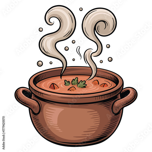 Vector illustration of soup in pot isolated on white background suitable for cooking kitchen design restaurant food or homemade meal themed creative artwork