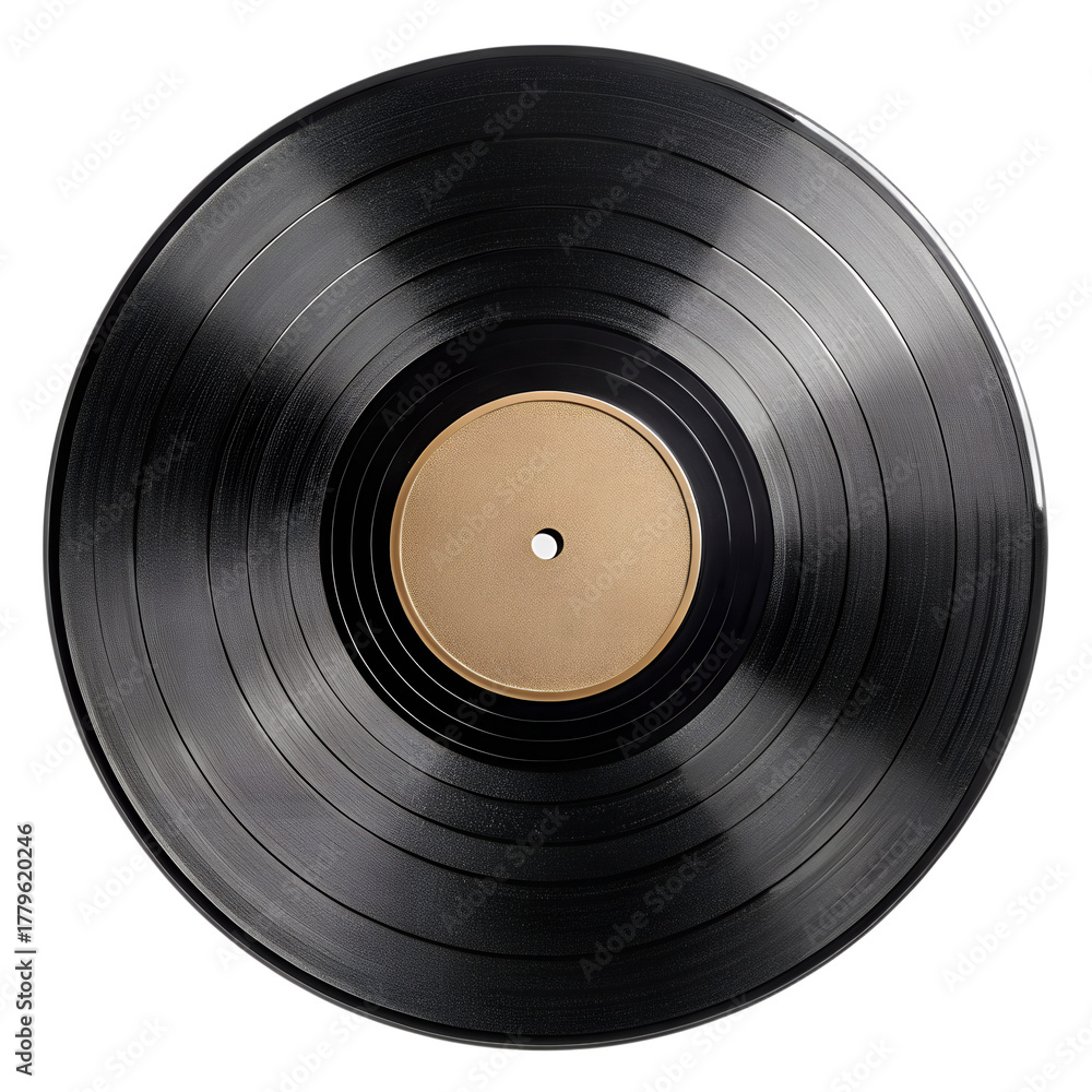 Obraz premium Classic black vinyl record with glossy surface, isolated on transparent background, detailed grooves.