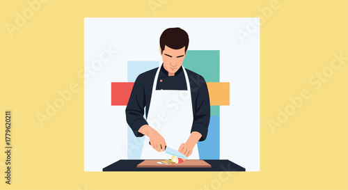 Professional chef skillfully preparing fresh ingredients for culinary excellence in a modern kitchen setting