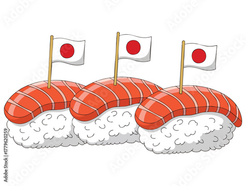 Vector illustration of sushi food with Japanese flag on white background suitable for culinary recipe design food packaging or cultural cuisine artwork