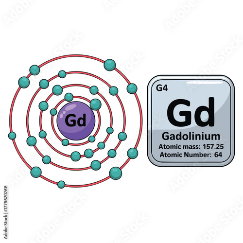 Vector illustration of symbol and electron diagram for Gadolinium suitable for chemistry education science learning periodic table or atomic themed creative designs