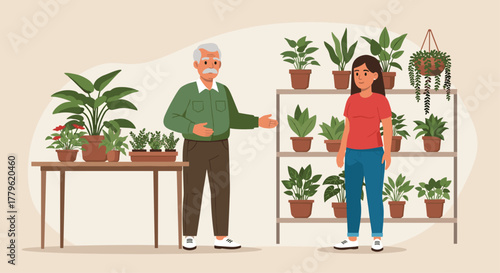 Friendly older man guides woman through vibrant plant shop filled with lush greenery and potted plants