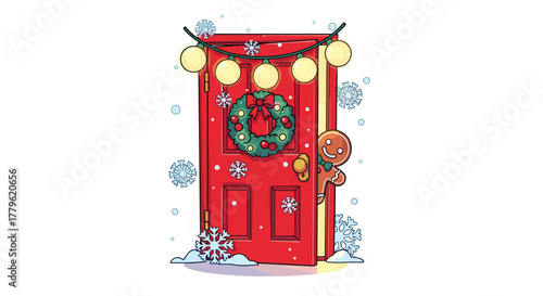 Whimsical gingerbread man peeks from festive red door adorned with wreath and twinkling lights during winter snowfall