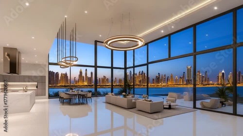 Luxurious open-plan living space with panoramic city views, showcasing modern design elements.
