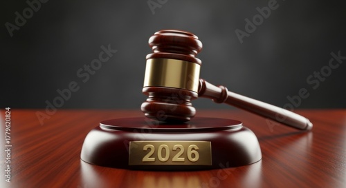 Gavel with 2026 inscription on wooden desk, symbolizing future justice and legal decisions