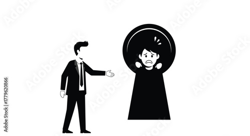 Businessman reaching out to help trapped person in keyhole, symbolizing support and rescue