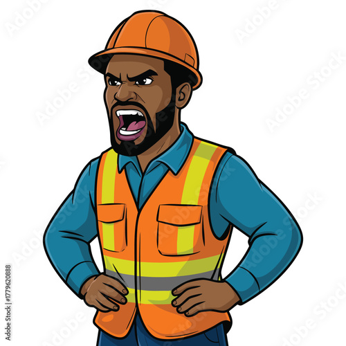 Vector illustration of young African angry builder screaming isolated on white background clenching fists shouting with hard hat ideal for construction or work themes