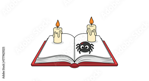 Curious spider explores an open book with flickering candles creating a magical, mysterious atmosphere