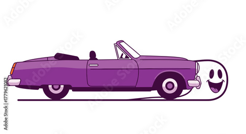 Whimsical purple convertible car with a joyful ghost character driving, perfect for fun themes