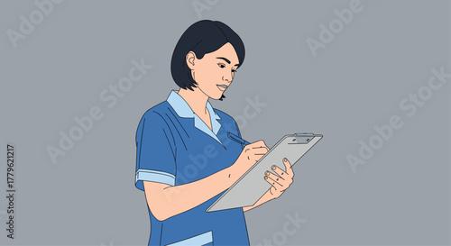 Professional nurse diligently recording patient information on clipboard in clean healthcare setting