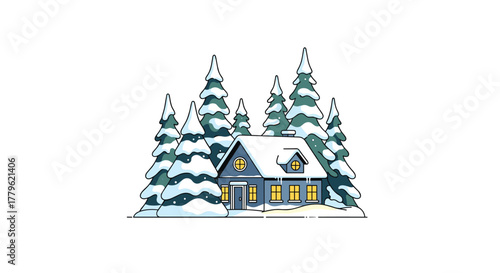 Cozy blue winter cabin nestled among snow-covered evergreen trees, inviting warmth and holiday cheer
