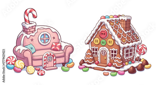 Whimsical gingerbread house and candy-themed sofa create a delightful fantasy scene for festive holiday designs