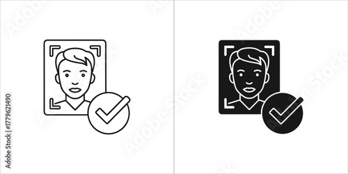 Facial recognition icon with checkmark, verification and approval