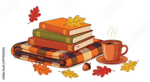 Cozy autumn scene with stack of books, warm blanket, steaming coffee cup, and falling leaves creates inviting hygge atmosphere