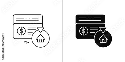 Line and solid icon of a credit card with a house and dollar sign