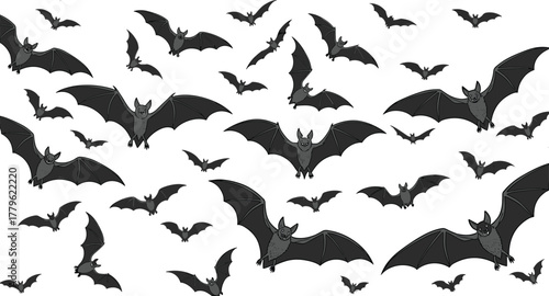 Flying bats silhouette, spooky Halloween design, dark animal shapes, swarm in motion, vector illustration, night creatures, gothic art, design element