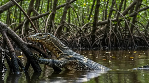 Water monitor lizard emerges from murky water in mangrove forest