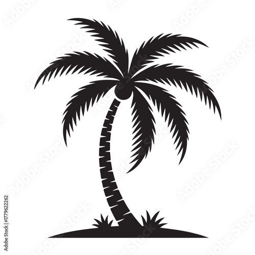 Palm tree silhouette isolated on white background, evoking tropical paradise, vacation, and the allure of exotic destinations