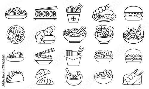 World cuisines doodle icon set – cute hand drawn global food styles in black & white cartoon line art