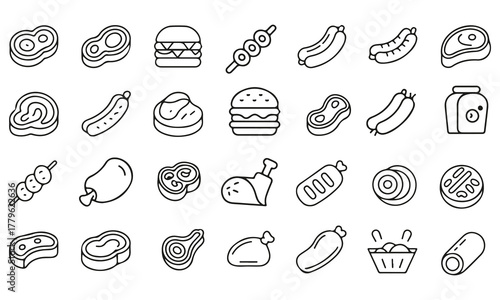 Meat products thin line icon set modern mono outline butcher foods & prepared protein dishes