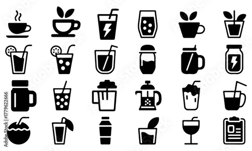 Beverages & smoothies glyph icon set bold silhouette drink pictograms in modern black sign style