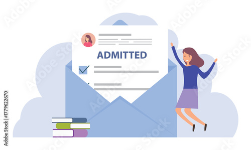 Invitation to enter college or academy. Happy student jumping near blue envelope. New student admitted to education. Confirmation of admission to university.