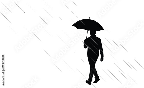 A solitary figure walks in the rain, sheltered by an umbrella, creating a poignant scene of resilience and determination amidst the downpour isolated on white background