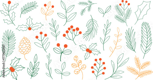 Christmas flower set and plant leaf. Holly flowers, Christmas tree leaves, and winter branch features in a hand-drawn doodle. Doodle of a rustic wreath and holiday decor