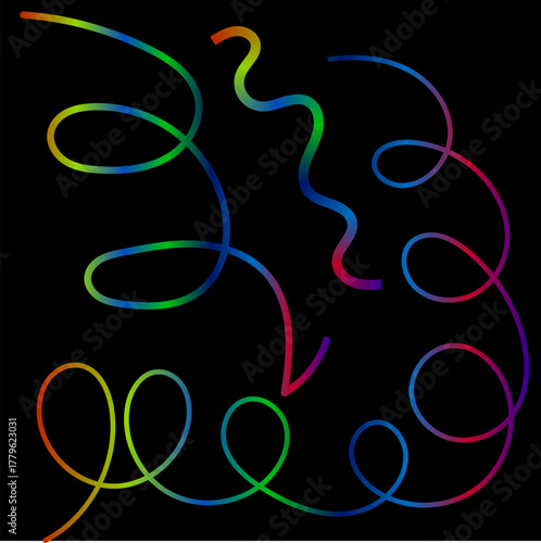 Colorful glowing ribbons swirling and twisting on a black background