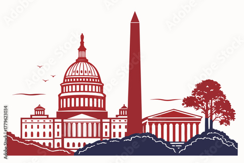“Washington D.C. monuments in silhouette, patriotic palette, clean vector”
