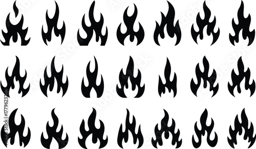 Collection of black silhouette flame icons on a white background