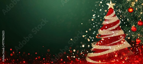 Festive Red and Green Holiday Backdrop with Illuminated Trees and Sparkling Lights for Celebrations