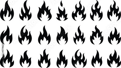 Collection of stylized black flame icons in a grid pattern