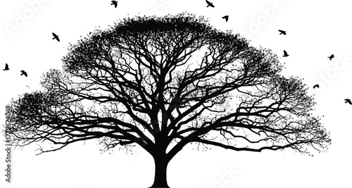 Silhouette of a large tree with bare branches and a flock of birds flying around it, isolated on white background, creating a stark and graphic image