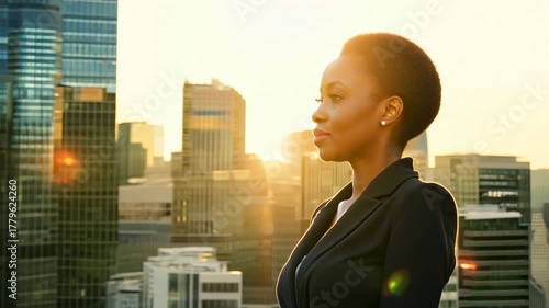 An African American businesswoman in a white formal suit against the backdrop of skyscrapers. African American businesswoman in formal suit stands confidently with skyscrapers behind.