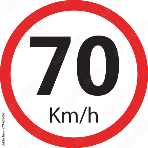 Speed limit sign 70 km h icon — traffic road warning symbol — round red circle isolated on white background vector illustration