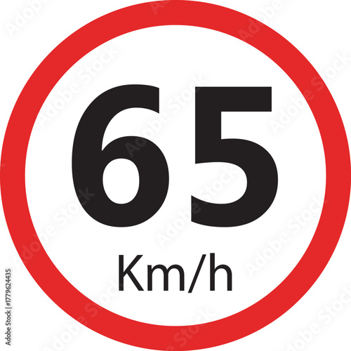 Speed limit sign 65 km h icon — traffic road warning symbol — round red circle isolated on white background vector illustration